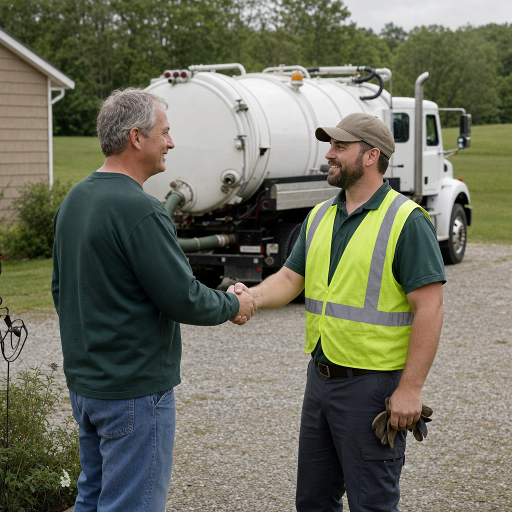 A septic technician shaking a Burnsville homeowner's hand beside the service truck after a completed pump-out