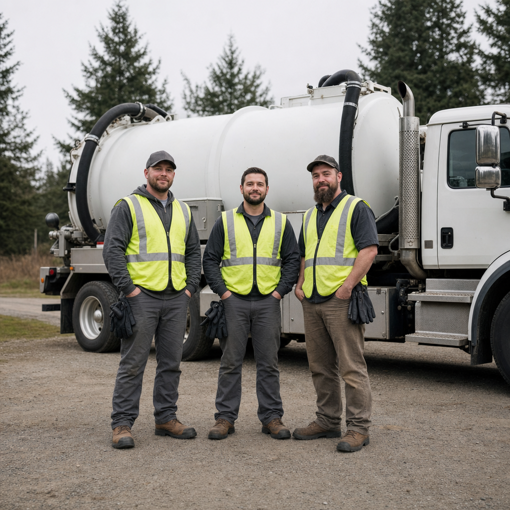 The Burnsville septic pumping crew standing together beside their clean white vacuum truck on a residential street
