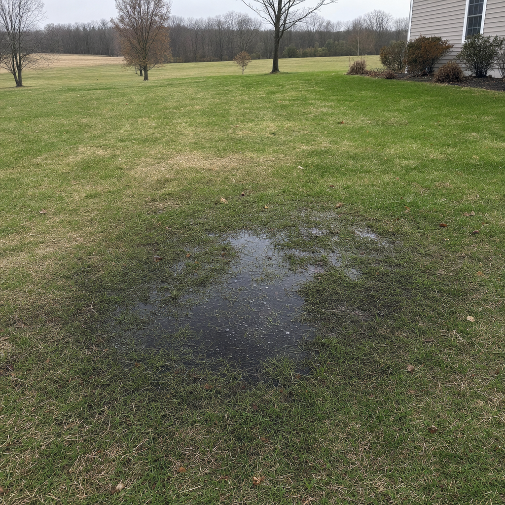 A dark, saturated wet spot in a Burnsville backyard lawn marking a failing cesspool at capacity