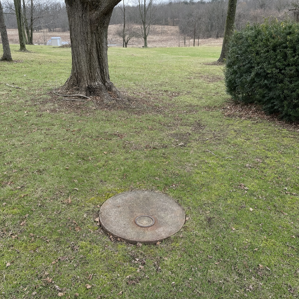 An older round cesspool access lid set flush in an established, mature Burnsville backyard lawn