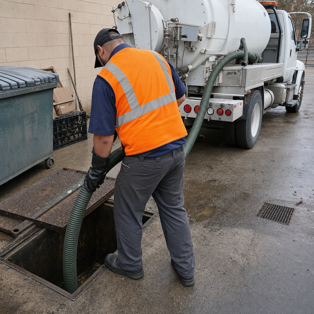 Technician pumping a grease trap behind a Burnsville restaurant