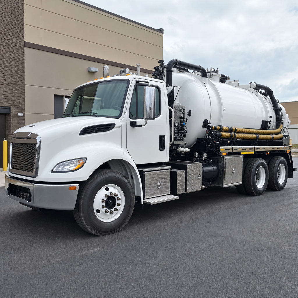 Commercial septic vacuum truck parked in a Burnsville business parking lot