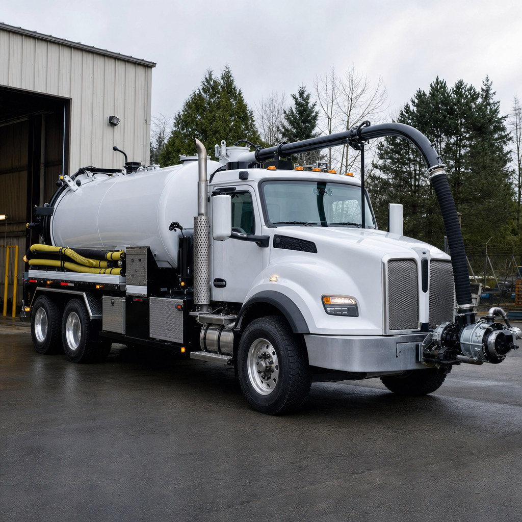 A clean white septic vacuum truck rolling out of a tidy Burnsville service depot at the start of the day