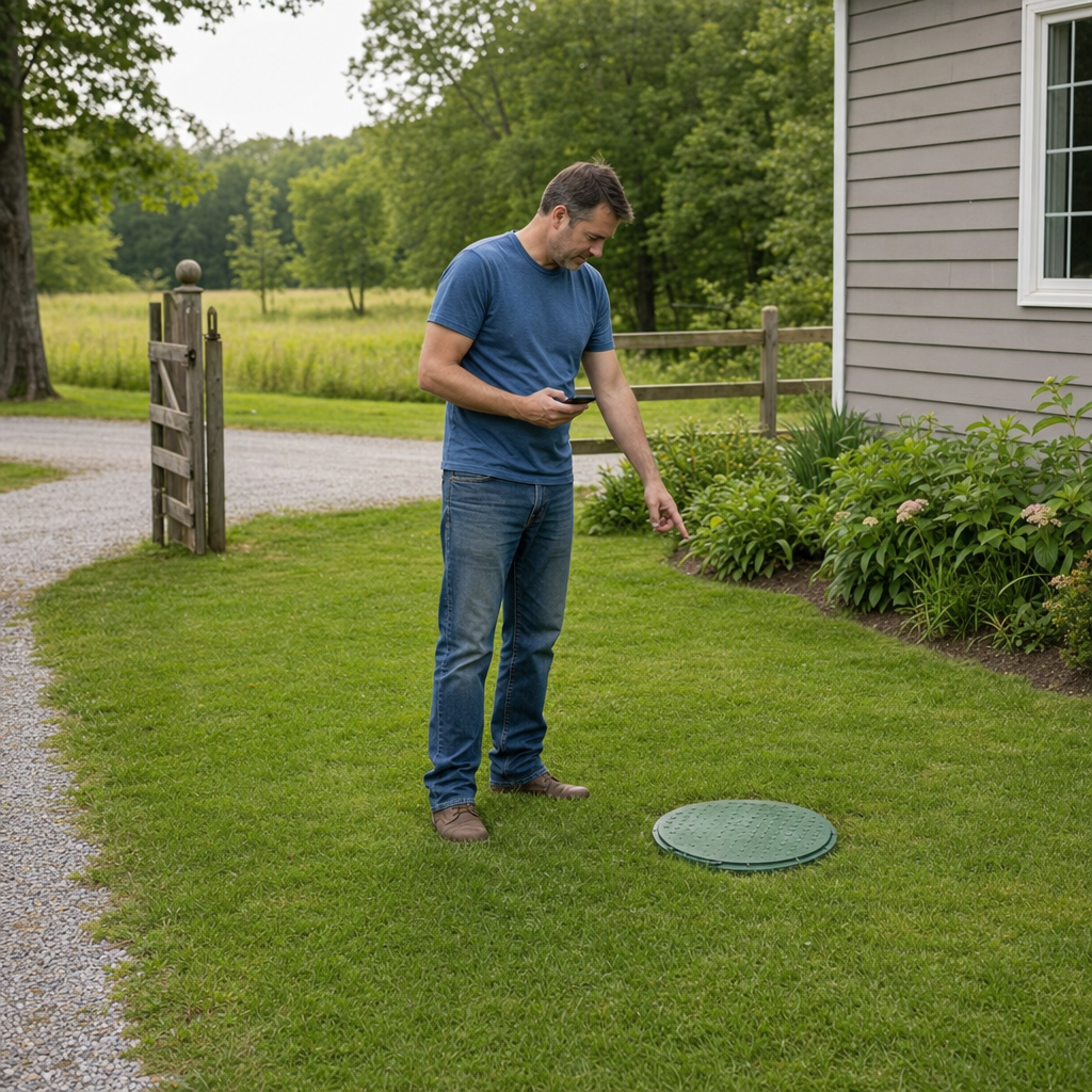 A Burnsville-area homeowner standing in the backyard noting where the septic tank lid and access route are located