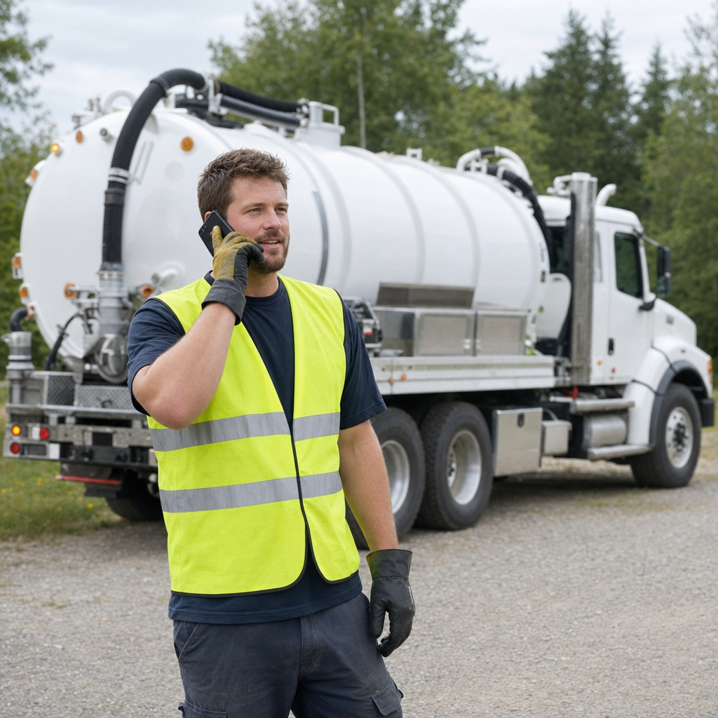 A friendly septic dispatcher holding a phone, ready to answer a Burnsville homeowner's call about a pump-out