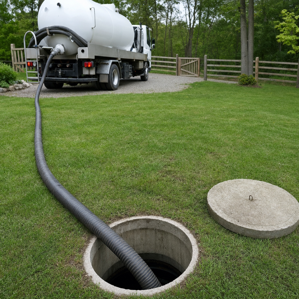 Suction hose connected to an open septic tank, drawing it down in a tidy Burnsville yard