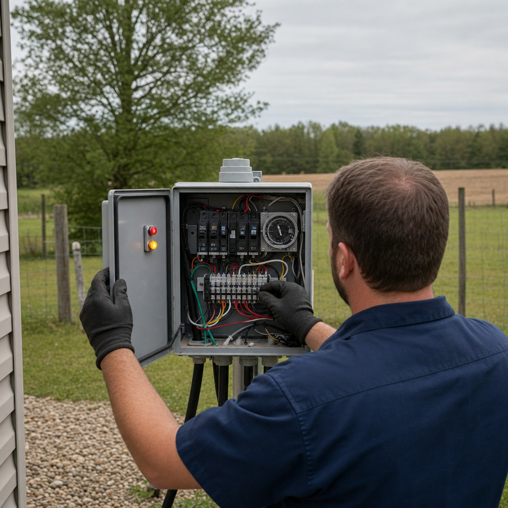 Technician checking an aerobic septic control box with a lit red high-water alarm during a same-day Burnsville visit