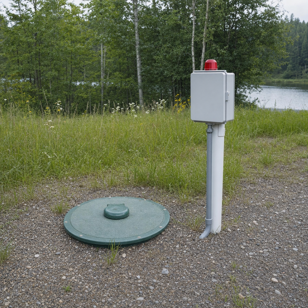 A wastewater holding tank access lid set in the ground at a rural Burnsville-area cabin, with a mounted high-level float alarm panel nearby