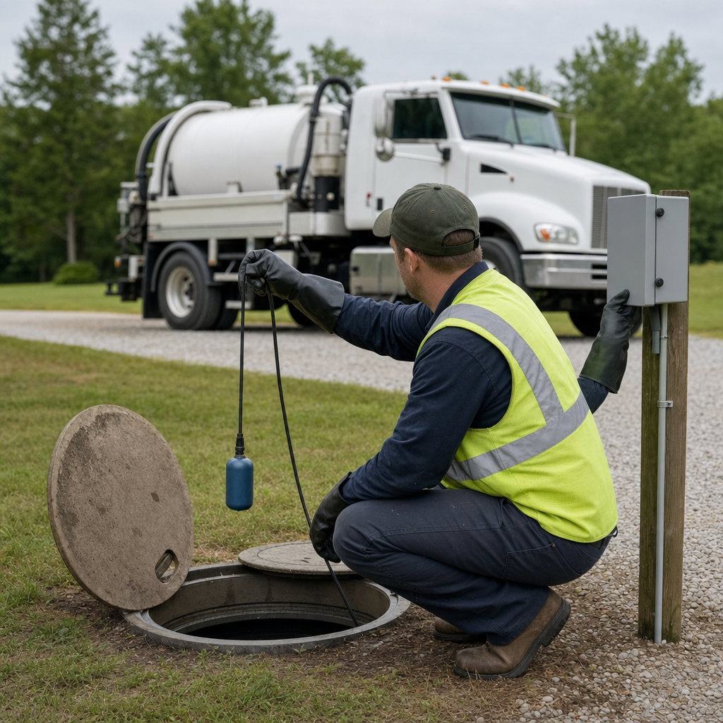 A septic technician in a high-visibility vest checking a high-level float switch and alarm panel on a holding tank at a rural Burnsville-area site