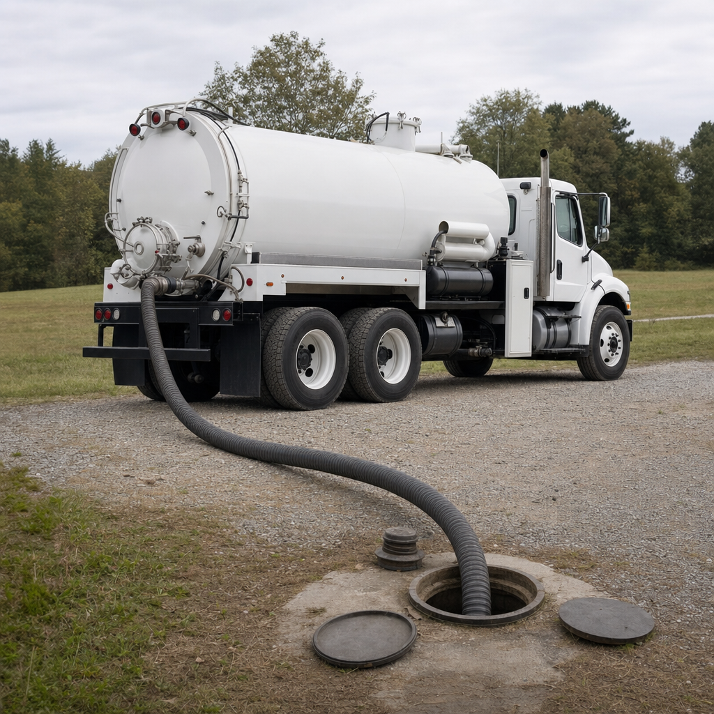 An unmarked white vacuum truck emptying a wastewater holding tank on a scheduled visit at a rural Burnsville-area property, thick suction hose running to the tank lid