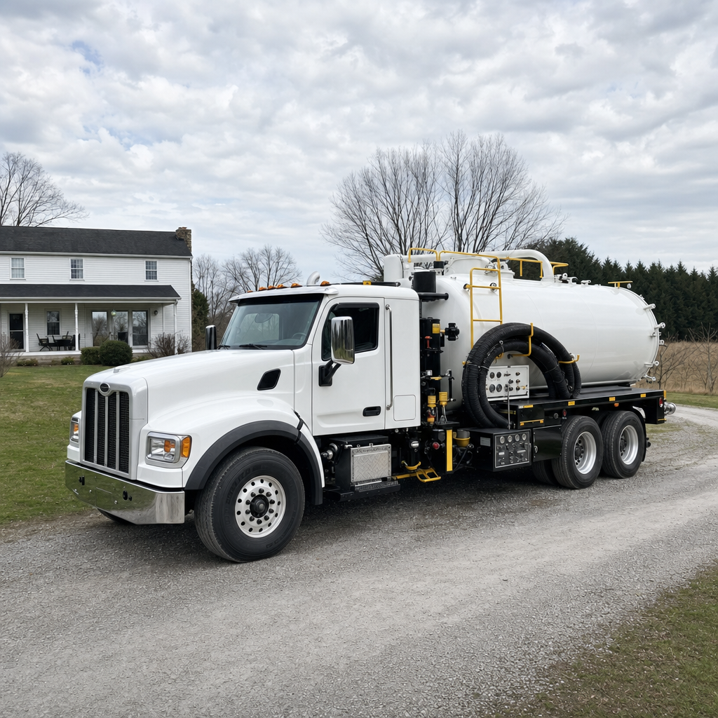 A clean white septic vacuum truck parked on a tidy Burnsville driveway with the suction hose neatly coiled