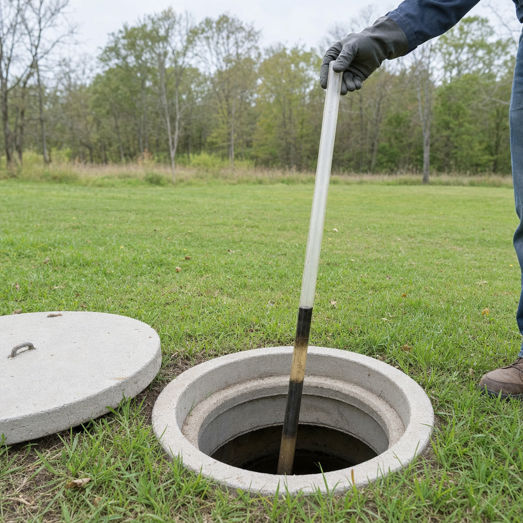 A septic sludge-judge measuring stick lowered into an open Burnsville septic tank to read the depth of the sludge and scum layers before deciding whether a pump-out is due