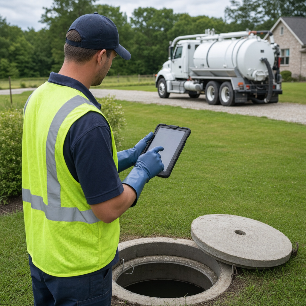 A septic technician recording a Burnsville home's pump-out date and tank condition on a tablet beside an open access lid, tracking the service history that sets the next due date