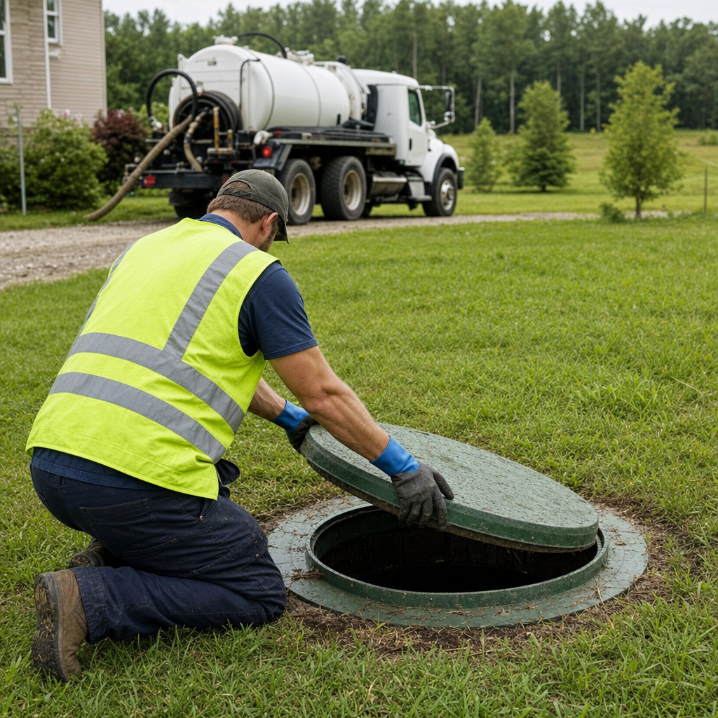 Septic technician kneeling on a Burnsville lawn, lifting the access lid on a residential septic tank