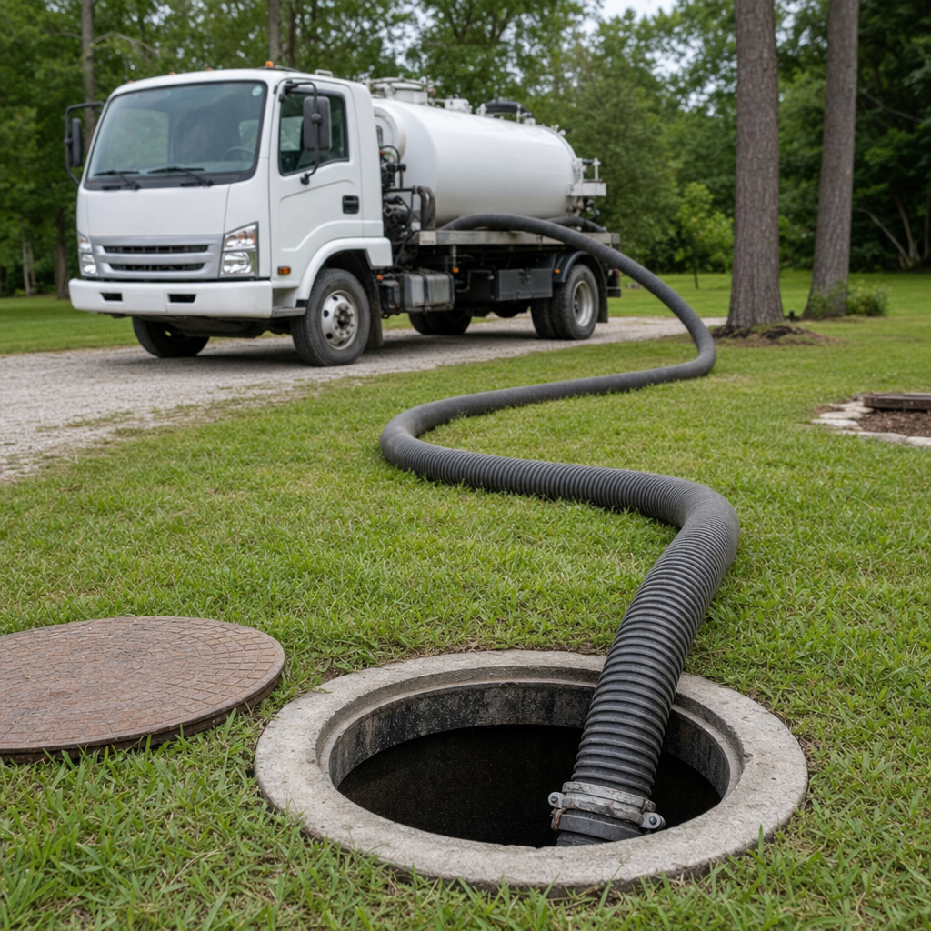 Thick ribbed suction hose lowered into a clean open septic tank port on a tidy Burnsville backyard lawn