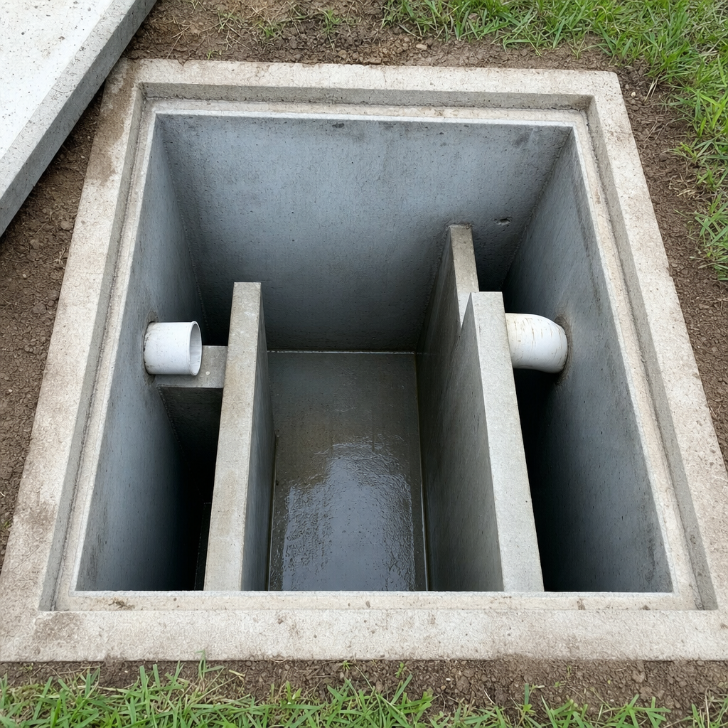Inspection of the concrete baffles inside an open, emptied and freshly cleaned Burnsville septic tank