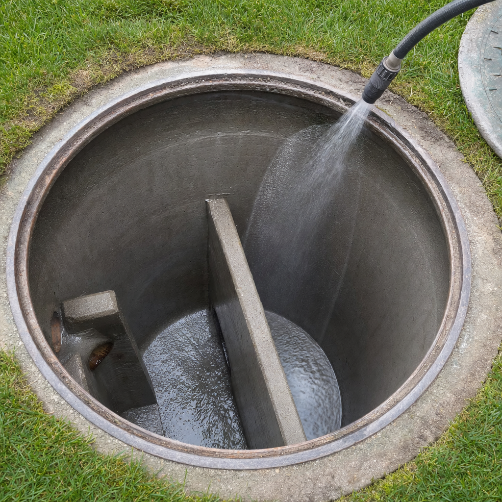 Interior concrete walls of an emptied Burnsville septic tank being rinsed clean with the truck's onboard water hose