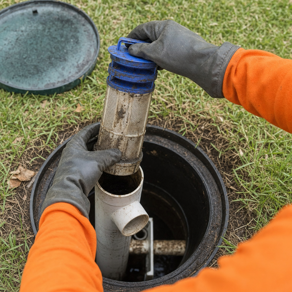 Septic technician's gloved hands lifting the effluent filter cartridge out of the outlet housing on a Burnsville septic tank