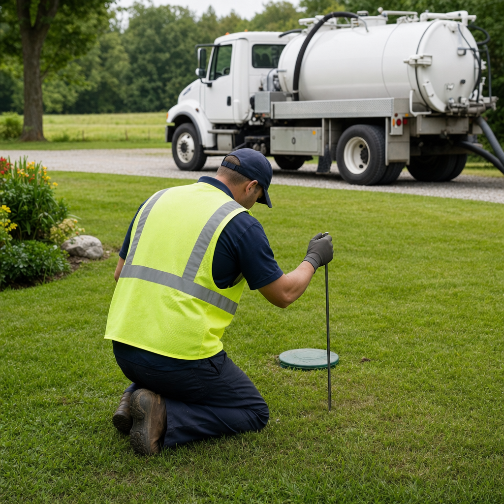 Septic technician kneeling on a Burnsville lawn, probing to locate and measure the depth of a buried septic tank lid before pumping