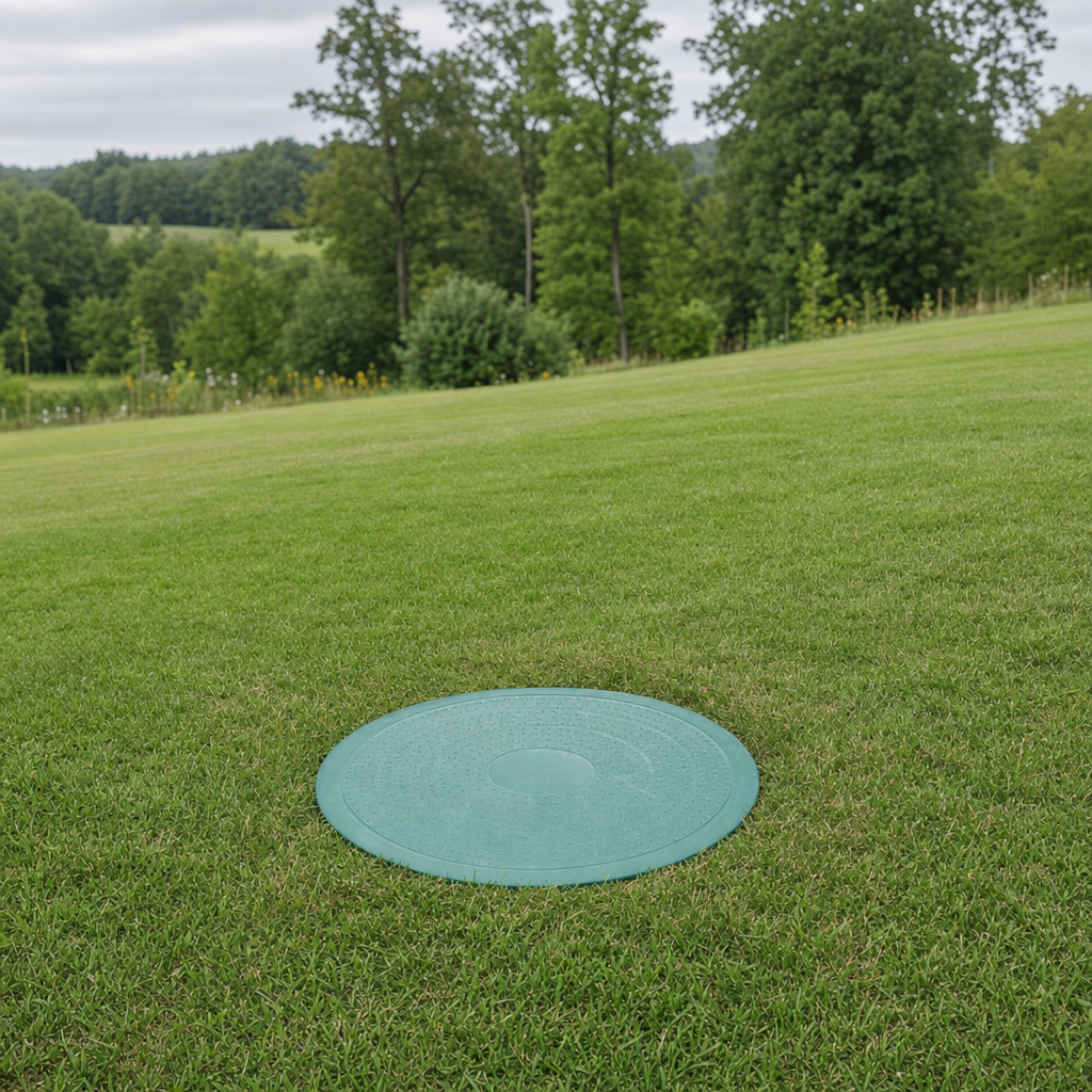 A newly installed septic riser bringing the tank lid up flush to grade in a Burnsville yard for easy future access
