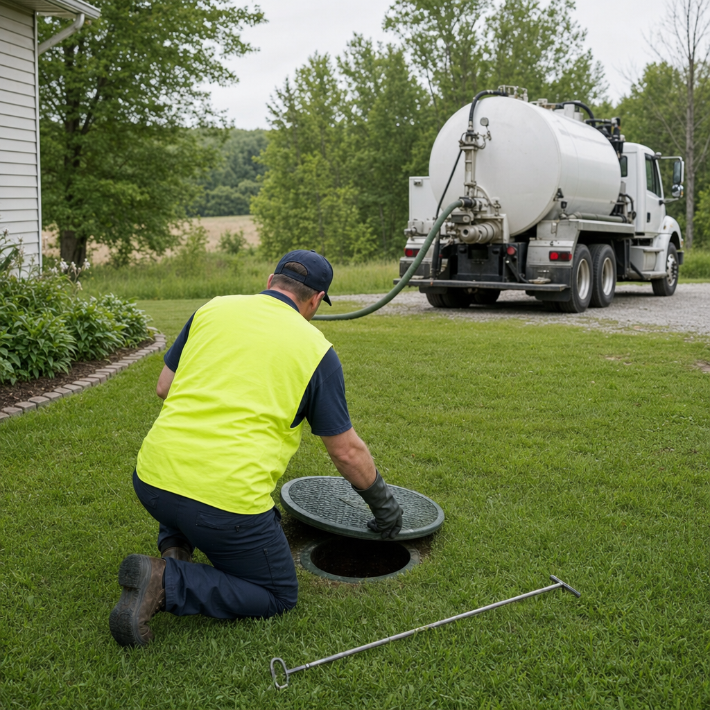 Septic technician kneeling on a Burnsville lawn, lifting the buried access lid on a residential septic tank
