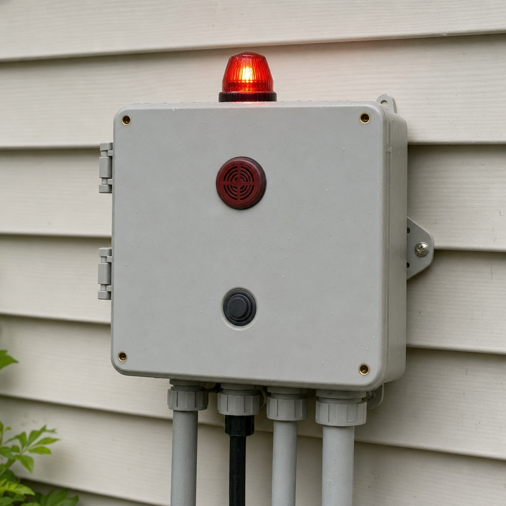 An aerobic septic system control panel mounted outside a Burnsville home with its red high-water alarm light lit