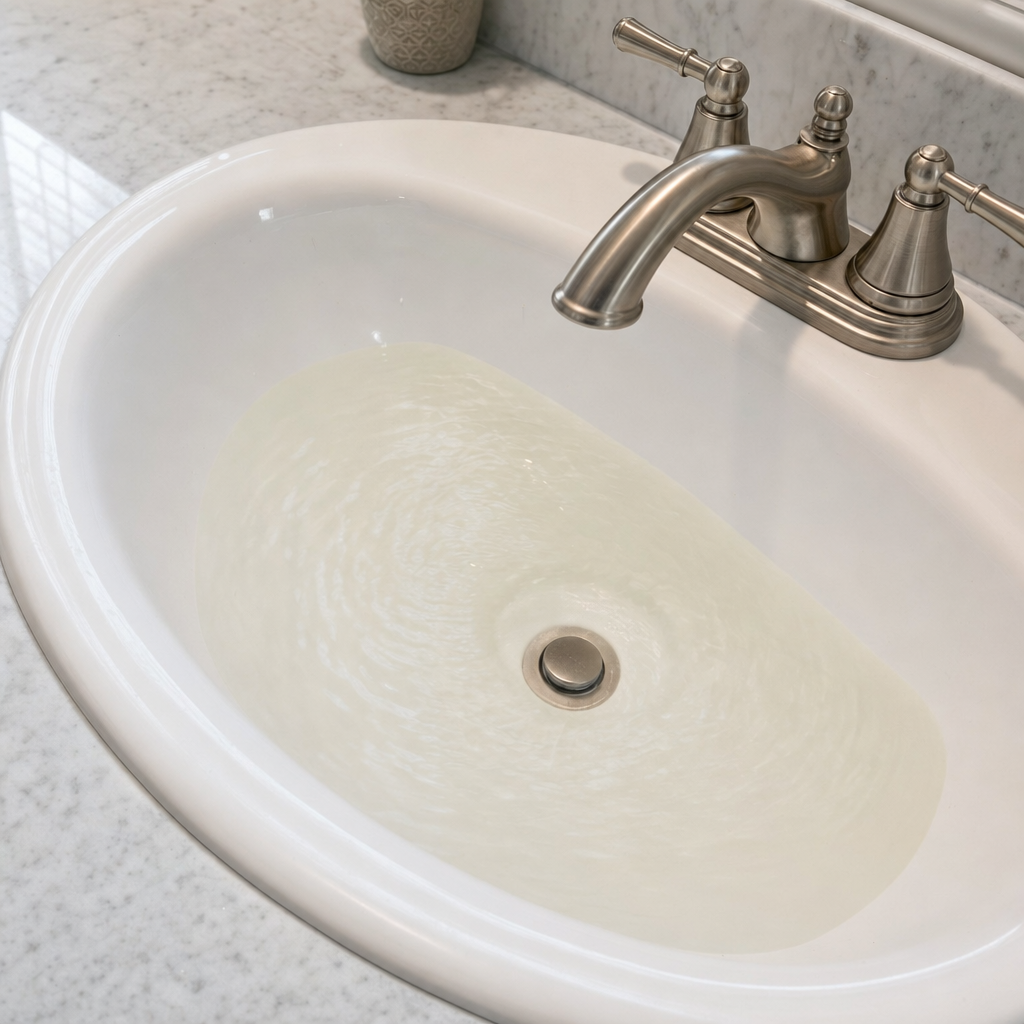 A bathroom sink draining slowly with water pooled in the basin, an early warning sign that a Burnsville septic tank is full